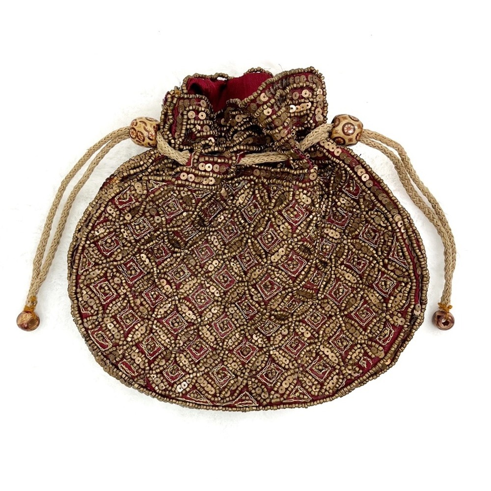 Vintage Handmade Beaded Drawstring Pouch Small Bag Heritage boho